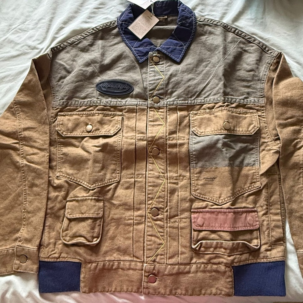 Tan and Blue Bomber Jacket with Sturdy Workwear Design